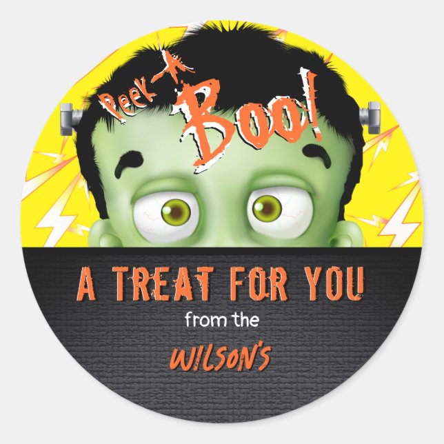 Sticker Rond Balise Halloween Frankenstein Peek A Boo Candy Bag (Devant)