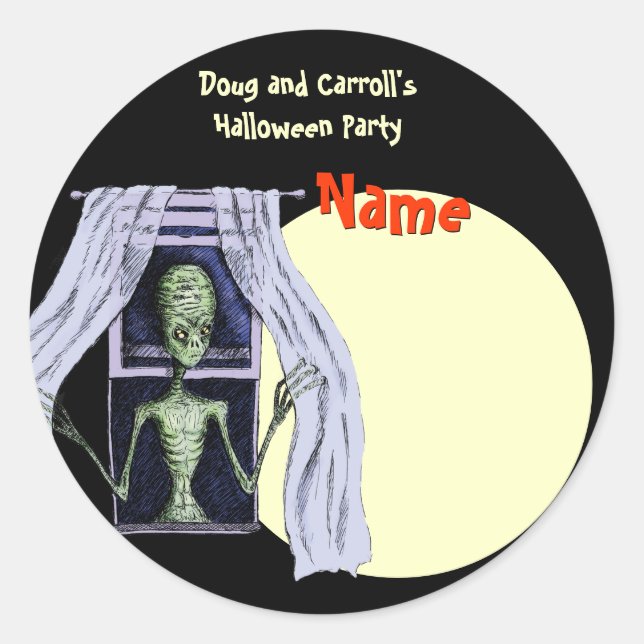 Sticker Rond Balise Nom de la partie Halloween - Alien Déplaisa (Devant)