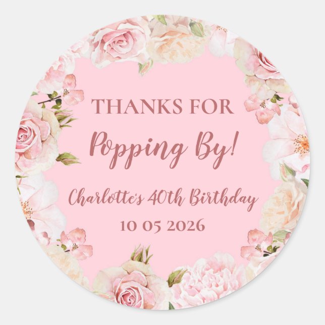 Sticker Rond Balise Pink Merci pour Popping By Birthday (Devant)