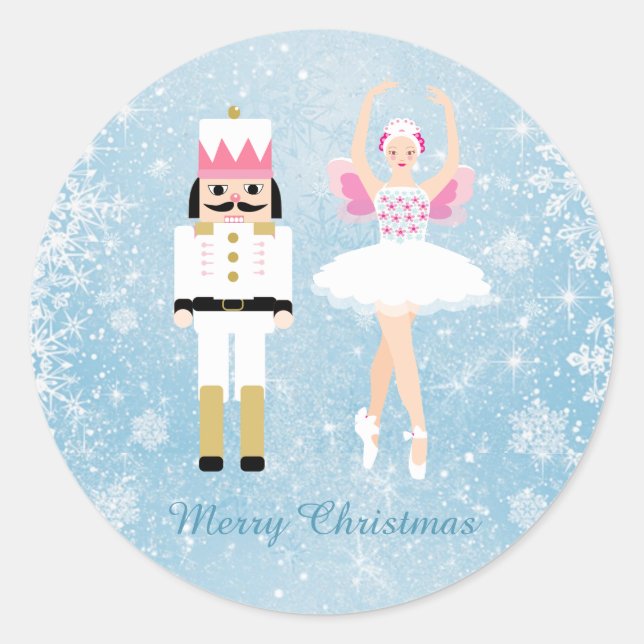 Sticker Rond Ballerina & Nutcracker sur le bleu de Noël (Devant)