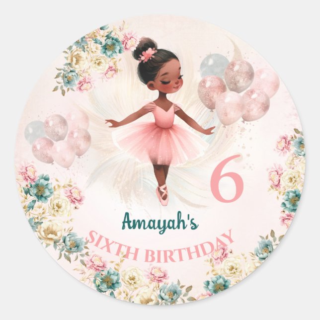 Sticker Rond Ballerina Peau foncée rose Turquoise Floral Annive (Devant)