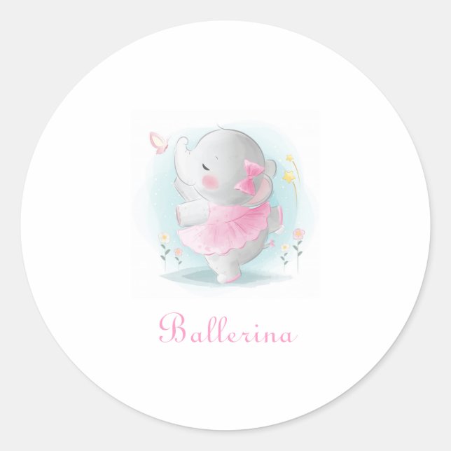Sticker Rond Ballerina rose éléphant en Tutu rose Script bébé (Devant)