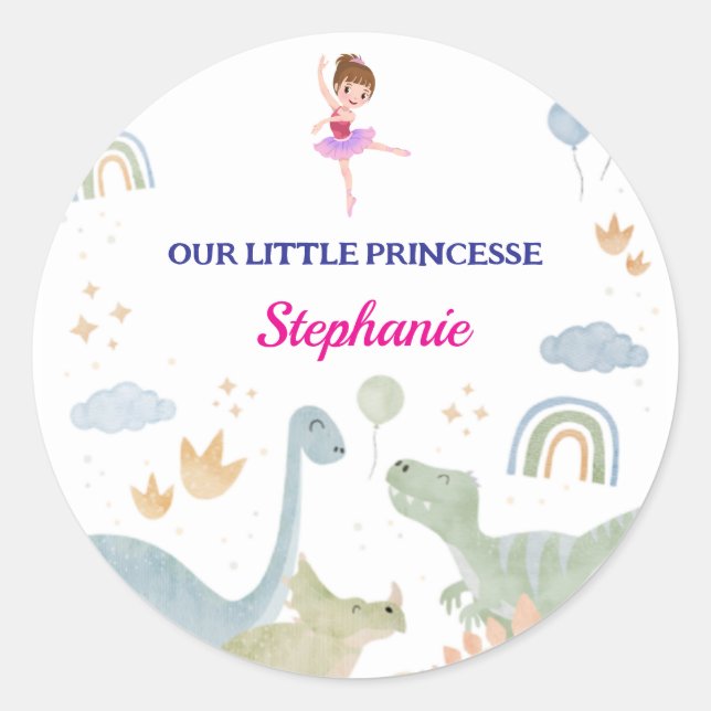 Sticker Rond ballets de ballerine de dinosaure personnalisés an (Devant)