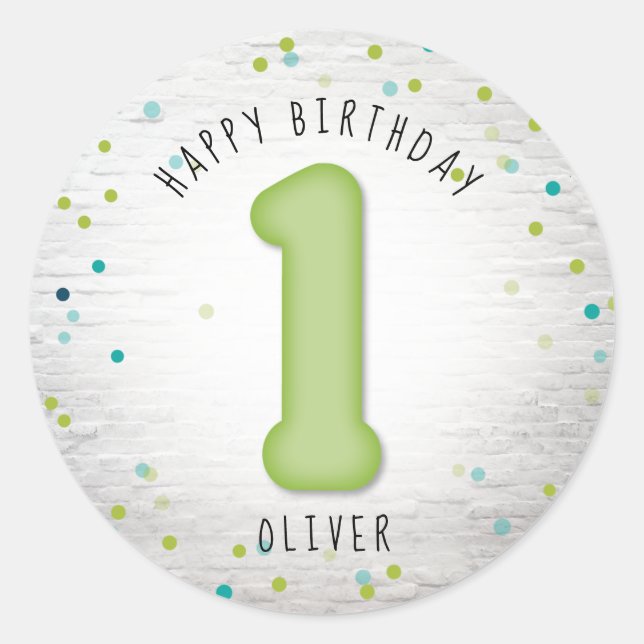 Sticker Rond Ballon Brick Confetti Bleu Vert Premier anniversai (Devant)