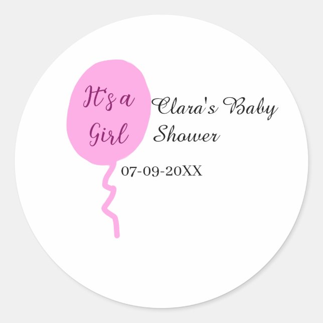 Sticker Rond Ballon rose c'est une fille baby shower ajouter no (Devant)