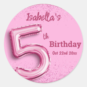 Sticker Rond Ballon rose pailleté mignon n°5 fille 5ème anniver
