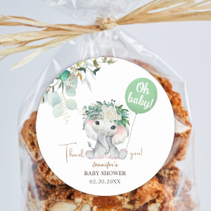 Sticker Rond Ballon vert éléphant Baby shower neutre pour les f