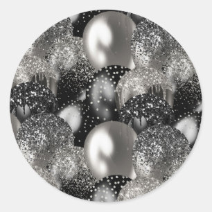Sticker Rond Ballons Anniversaire Black Silver Parties scintill