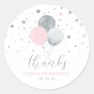 Sticker Rond Ballons Argentés et Roses   Remerciements pour les
