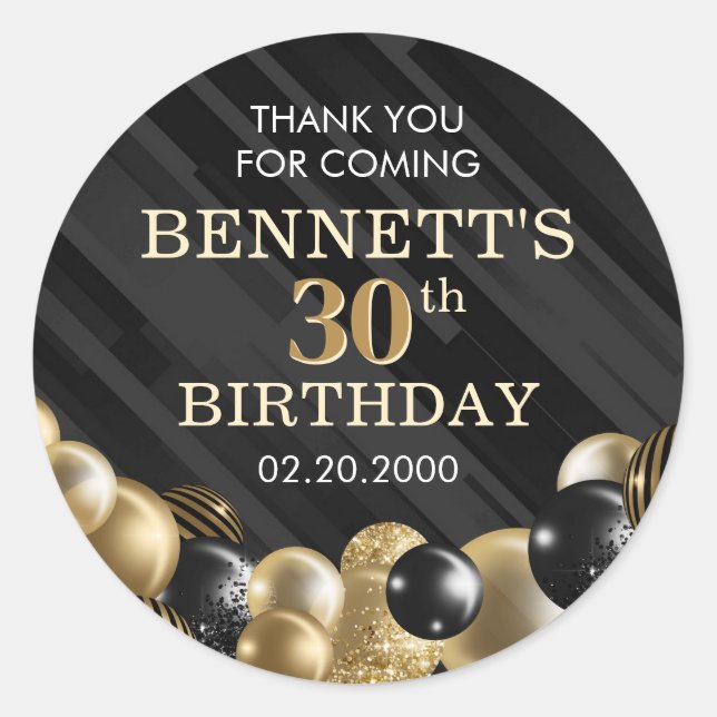 Sticker Rond Ballons Black Gold Anniversaire (Devant)