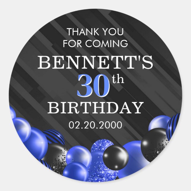 Sticker Rond Ballons Bleu Noir Anniversaire (Devant)