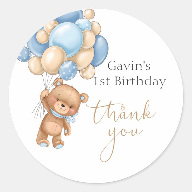 Sticker Rond Ballons Bleus Ours Teddy Anniversaire Merci (Devant)