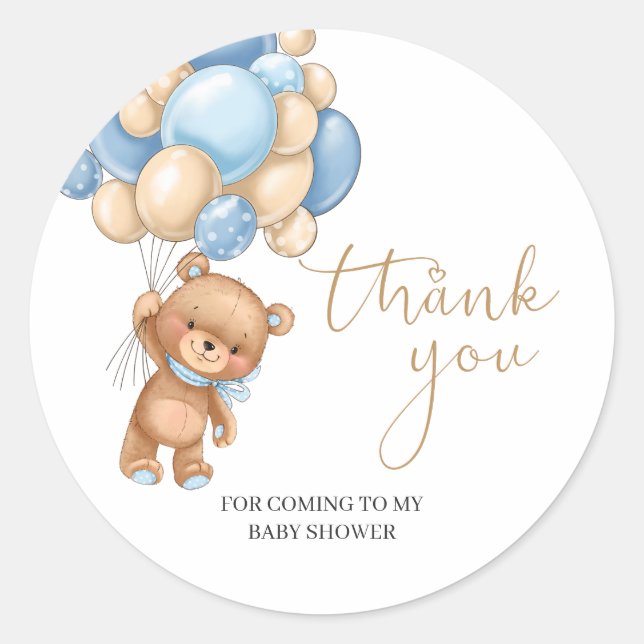 Sticker Rond Ballons Bleus Teddy Baby shower Merci Cla (Devant)