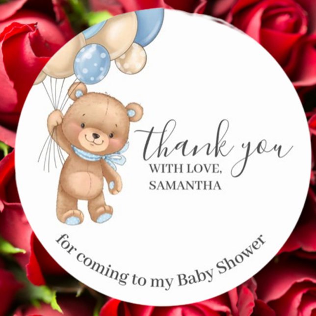 Sticker Rond Ballons Bleus Teddy Bear Merci (Express heartfelt gratitude with this Teddy Bear Blue Balloons Thank You sticker)