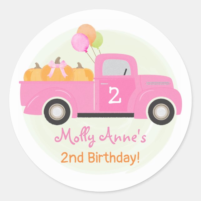 Sticker Rond Ballons Citrouilles de Camion rose automne fille a (Devant)