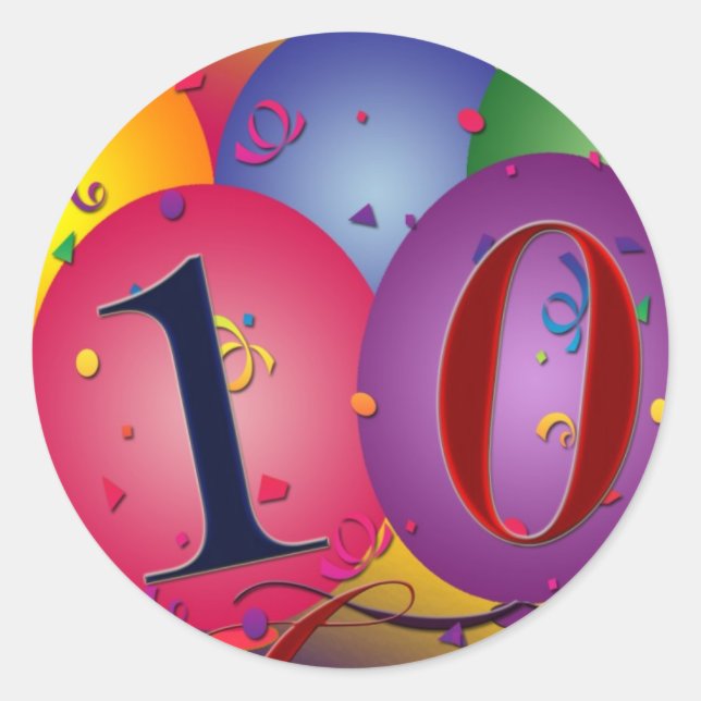 Sticker Rond Ballons d'anniversaire de 10 ans ! (Devant)