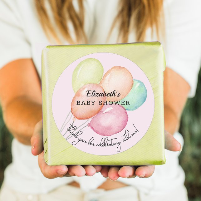 Sticker Rond Ballons d'aquarelle sur Baby shower rose (Watercolor balloons on pink girl  baby shower round favor stickers)