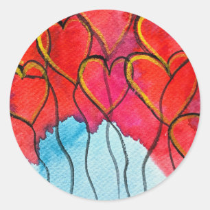 Sticker Rond Ballons de coeur rouge Valentine aquarelle