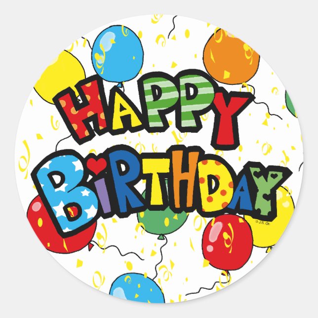 Sticker Rond Ballons de fête, joyeux anniversaire (Devant)
