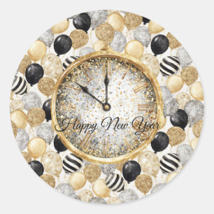 Sticker Rond Ballons de Nouvel An Glitzy Or Argent Noir