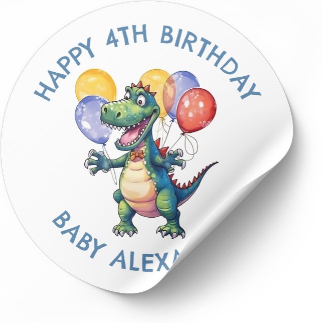 Sticker Rond Ballons Dinosaures d'anniversaire personnalisés (Créateur téléchargé)