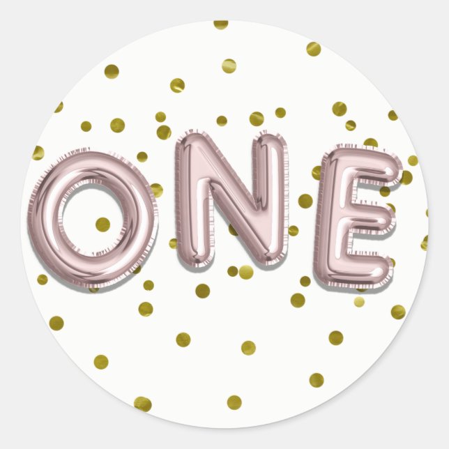 Sticker Rond Ballons d'or rose Confetti 1er anniversaire (Devant)