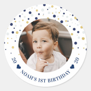Sticker Rond Ballons or et bleu   1ère fête d'anniversaire phot