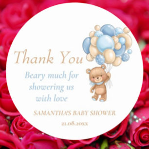 Sticker Rond Ballons Ours Teddy Boy Baby shower Merci