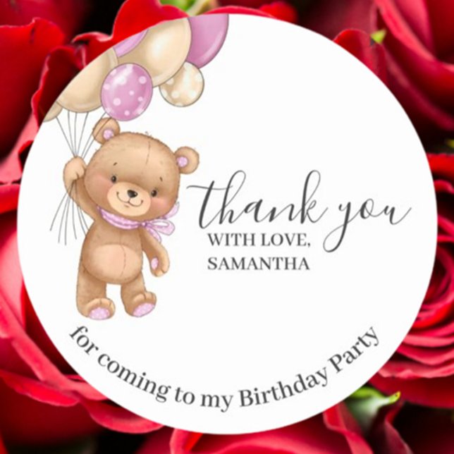 Sticker Rond Ballons ROSE Ours Teddy Anniversaire Merci (Express heartfelt gratitude with our Teddy Bear PINK Balloons Birthday Thank You Sticker)