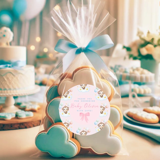 Sticker Rond Ballons simples Bébé Singe Merci rose (Baby shower sticker)