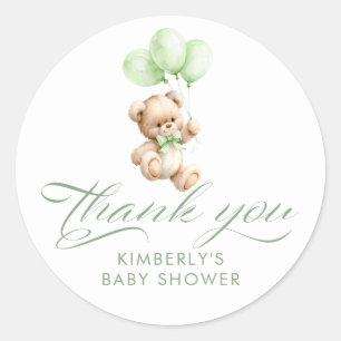 Sticker Rond Ballons Verts Ours en Peluche Baby Shower Merci