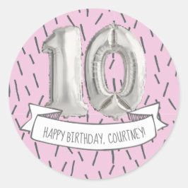 Sticker Rond Balloon rose et gris Filles 10e anniversaire