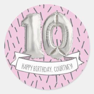 Sticker Rond Balloon rose et gris Filles 10e anniversaire