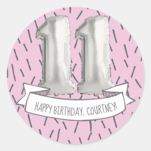 Sticker Rond Balloon rose et gris Filles 11e anniversaire
