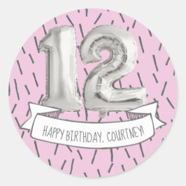 Sticker Rond Balloon rose et gris Filles 12ème anniversaire