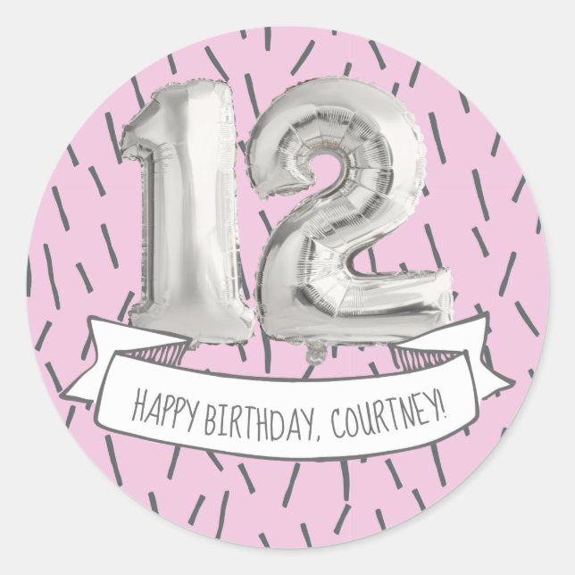 Sticker Rond Balloon rose et gris Filles 12ème anniversaire (Devant)