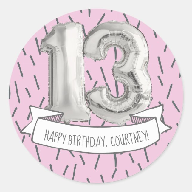 Sticker Rond Balloon rose et gris Filles 13e anniversaire (Devant)