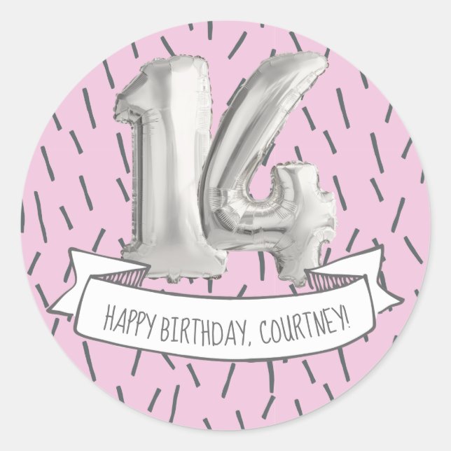 Sticker Rond Balloon rose et gris Filles 14e anniversaire (Devant)