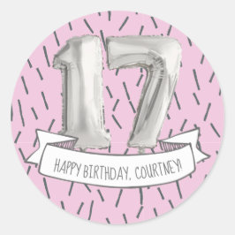 Sticker Rond Balloon rose et gris Filles 17ème anniversaire
