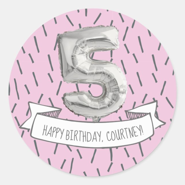 Sticker Rond Balloon rose et gris Filles 5e fête d'anniversaire (Devant)