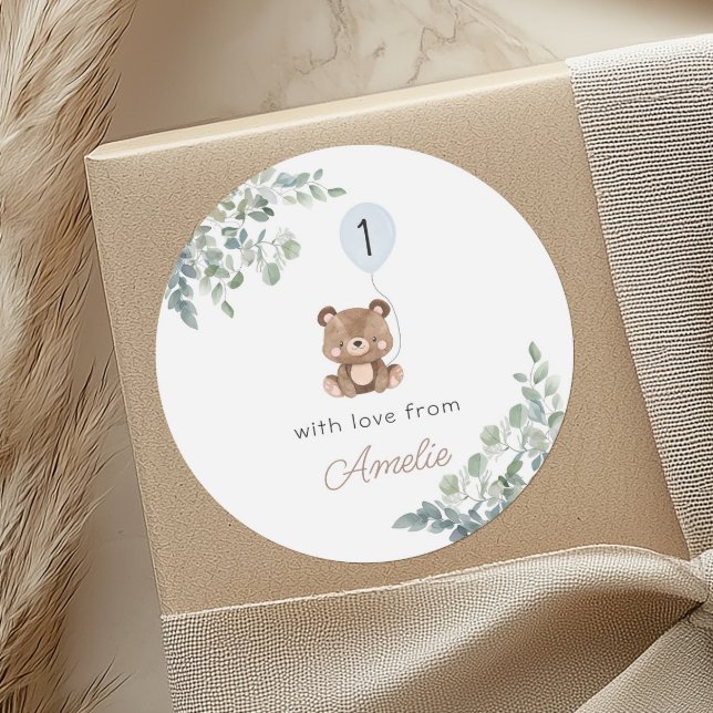 Sticker Rond Balloon vert Teddy Bear Premier Anniversaire Neutr (Créateur téléchargé)