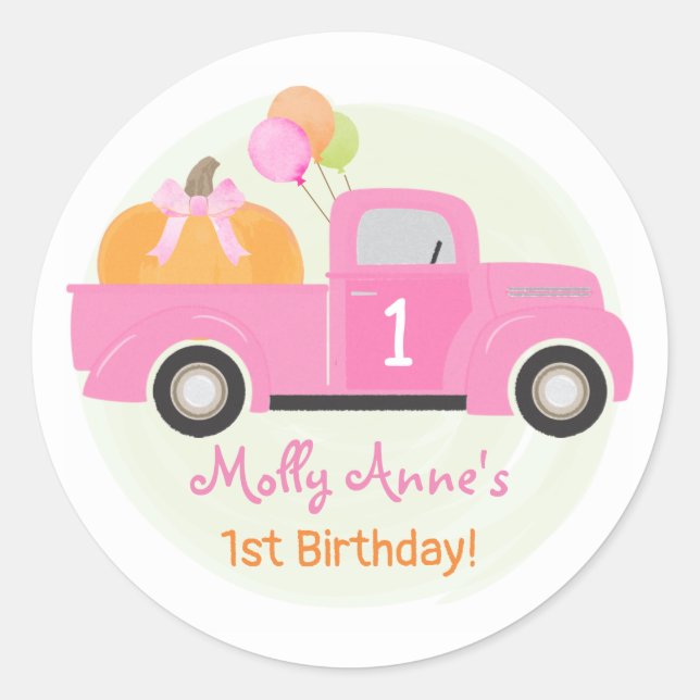 Sticker Rond Balloons Citrouilles de Camion rose automne 1er an (Devant)