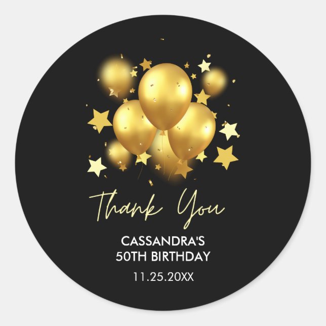 Sticker Rond Balloons dorés soyeux Étoiles Anniversaire noir (Devant)