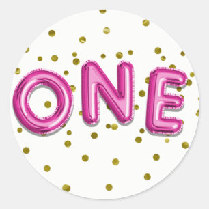 Sticker Rond Balloons Rose Chaud Points Dorés Fête d'Anniversai