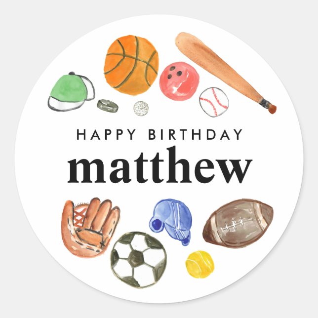 Sticker Rond Bals de sport mignonette garçon Joyeux anniversair (Devant)