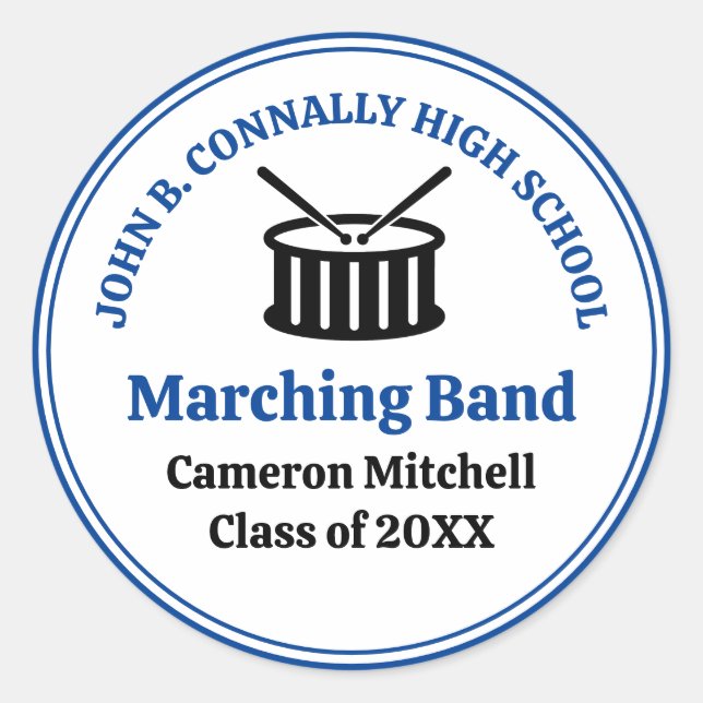 Sticker Rond Bande de Marching du lycée bleu personnalisable (Devant)