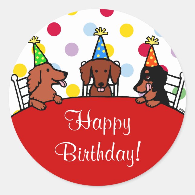 Sticker Rond Bande dessinée d'anniversaire de teckel (Devant)