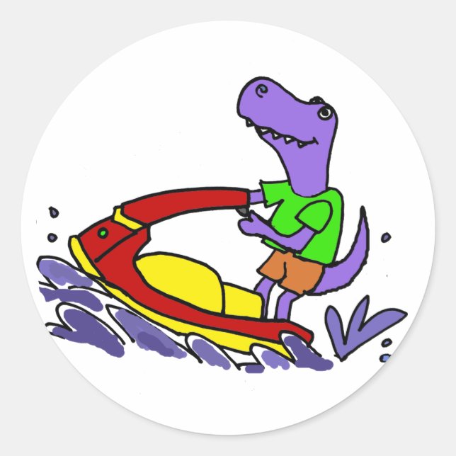 Sticker Rond Bande dessinée drôle de ski de jet de dinosaure de (Devant)