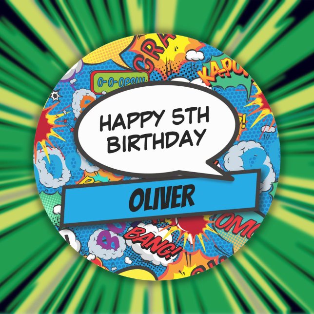 Sticker Rond Bande dessinée personnalisée Superhero fête d'anni (Custom Comic Book Superhero Birthday Party Blue Classic Round Sticker)