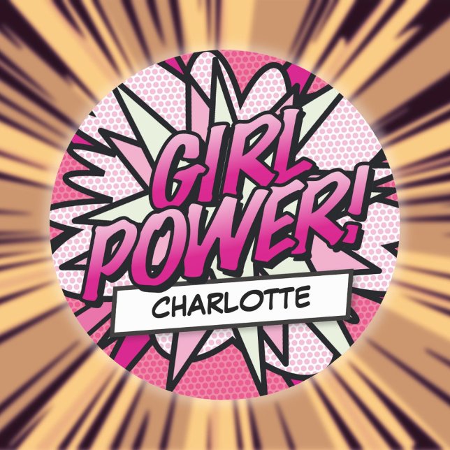 Sticker Rond Bande dessinée rose amusante et personnalisée GIRL (Personalized GIRL POWER Fun Comic Book Pink Classic Round Sticker)